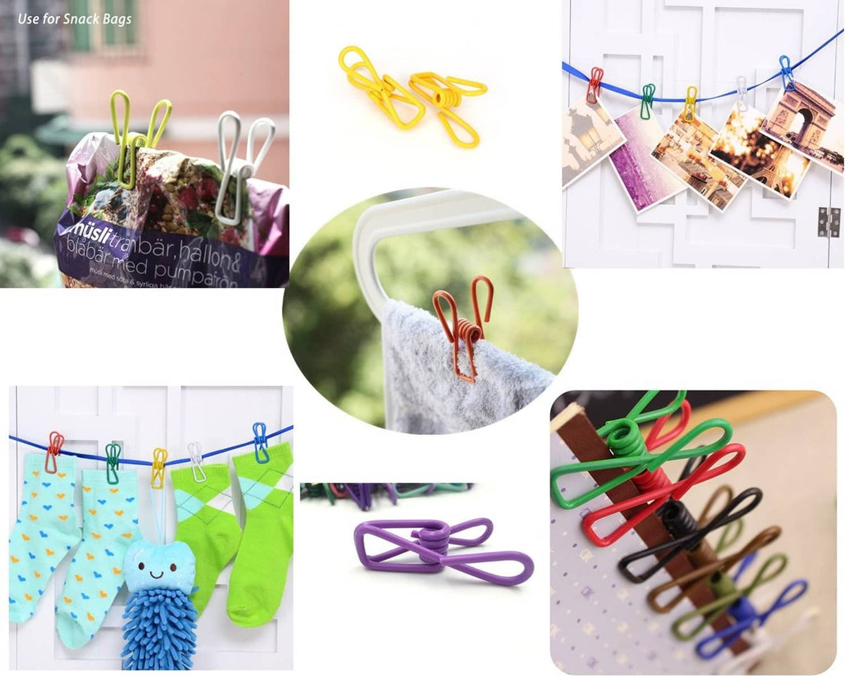 Color chip clips securing small bags on a hanging line for storage