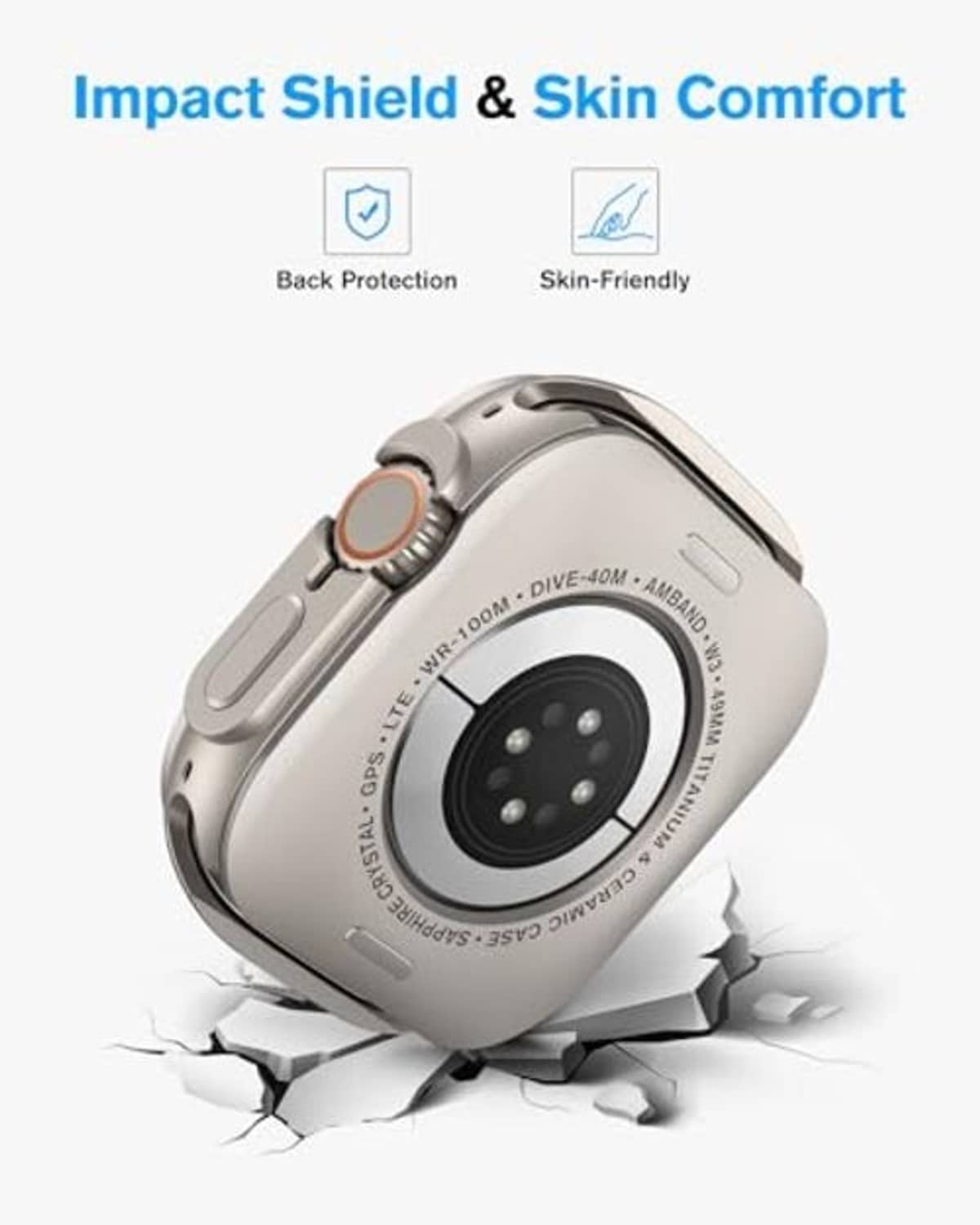 Apple Watch screen protector with impact shield, silver metal case and side button