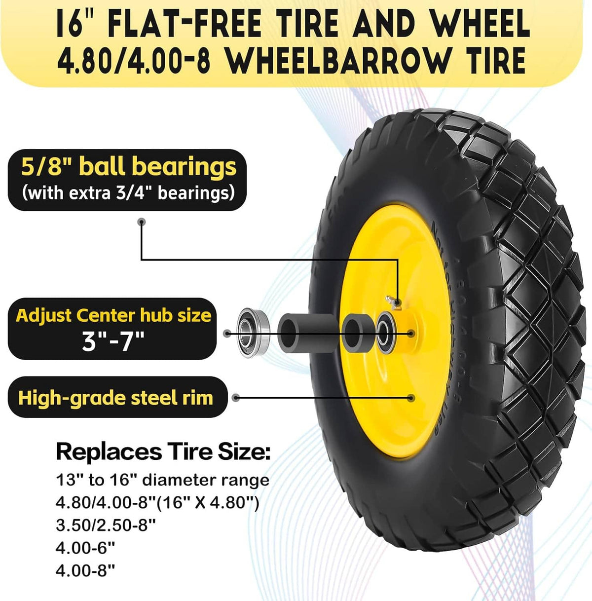 16-inch flat-free wheelbarrow tire and wheel with yellow rim and deep black tread
