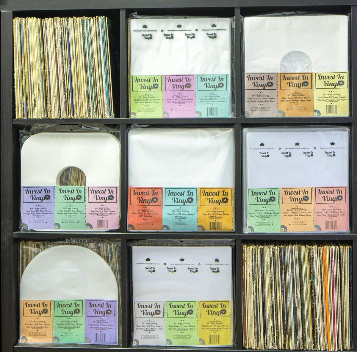 Open shelf unit filled with clear LP outer sleeve packs and plastic sleeves