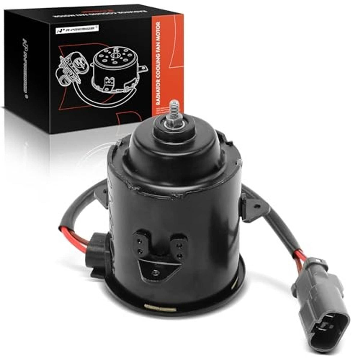 Radiator fan motor with gray electrical connector plug and red cable