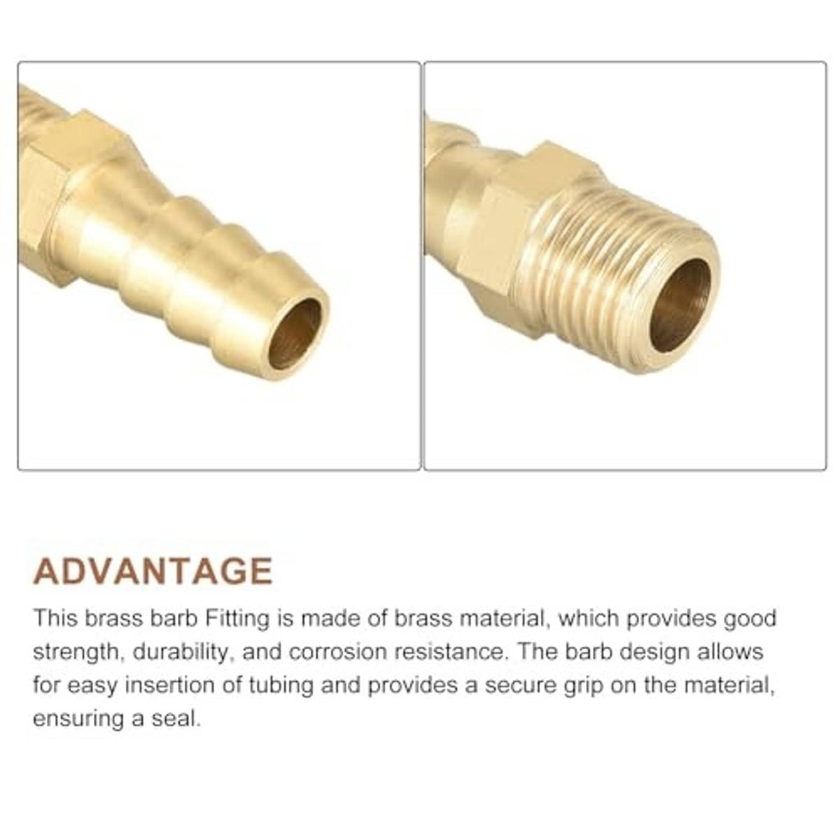 Brass hose barb fitting close-ups, barbed end and threaded connection detail