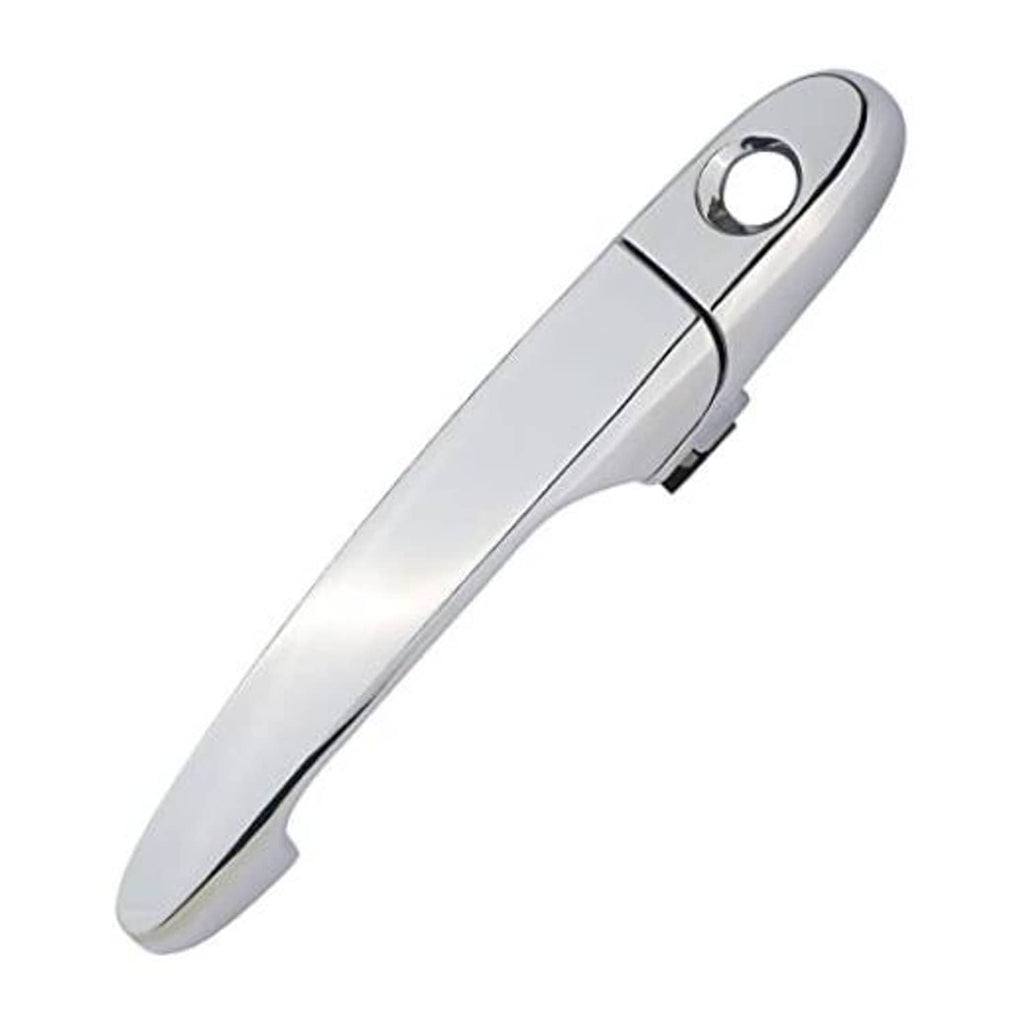 Chrome exterior door handle with circular key cylinder opening and lever