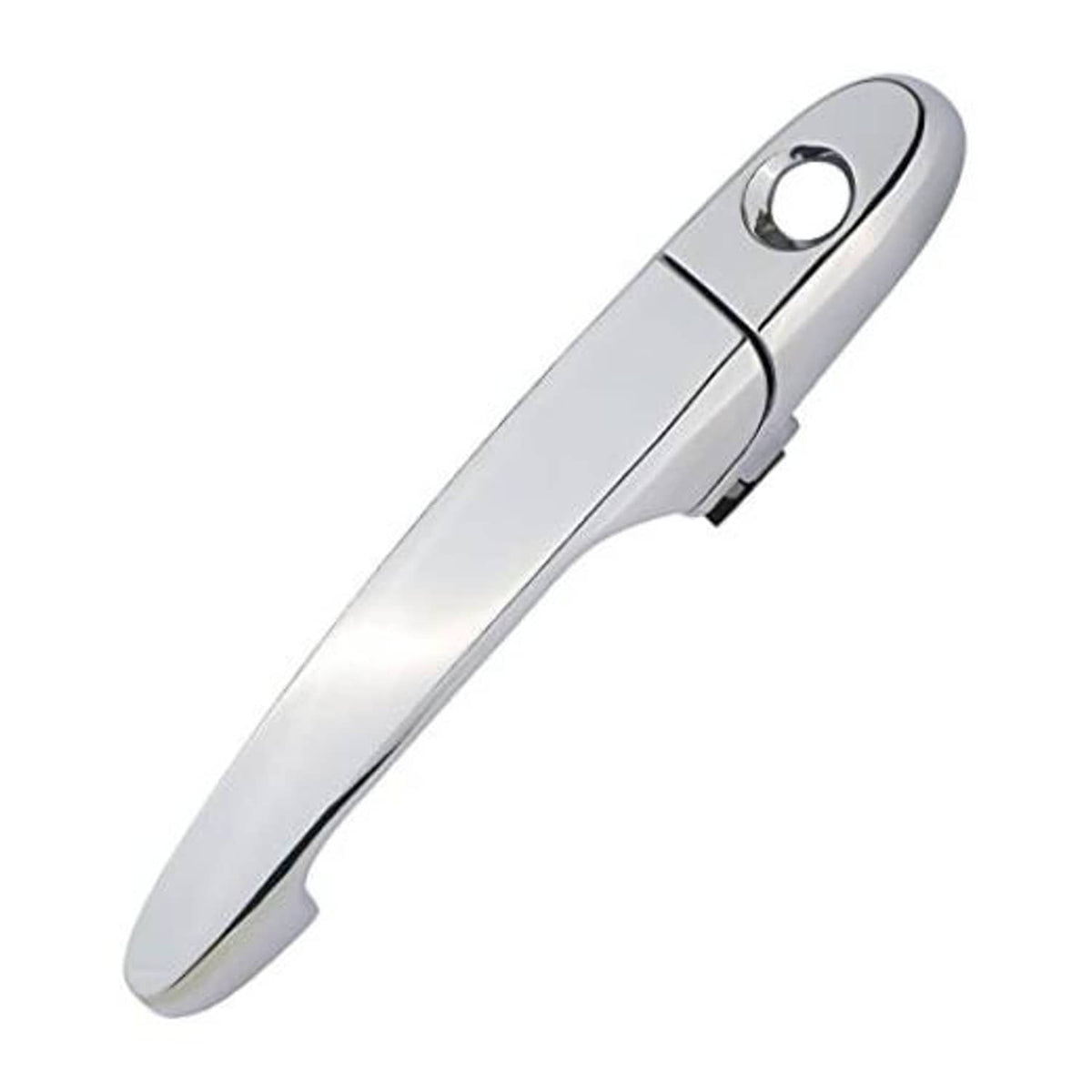 Chrome exterior door handle with circular key cylinder opening and lever