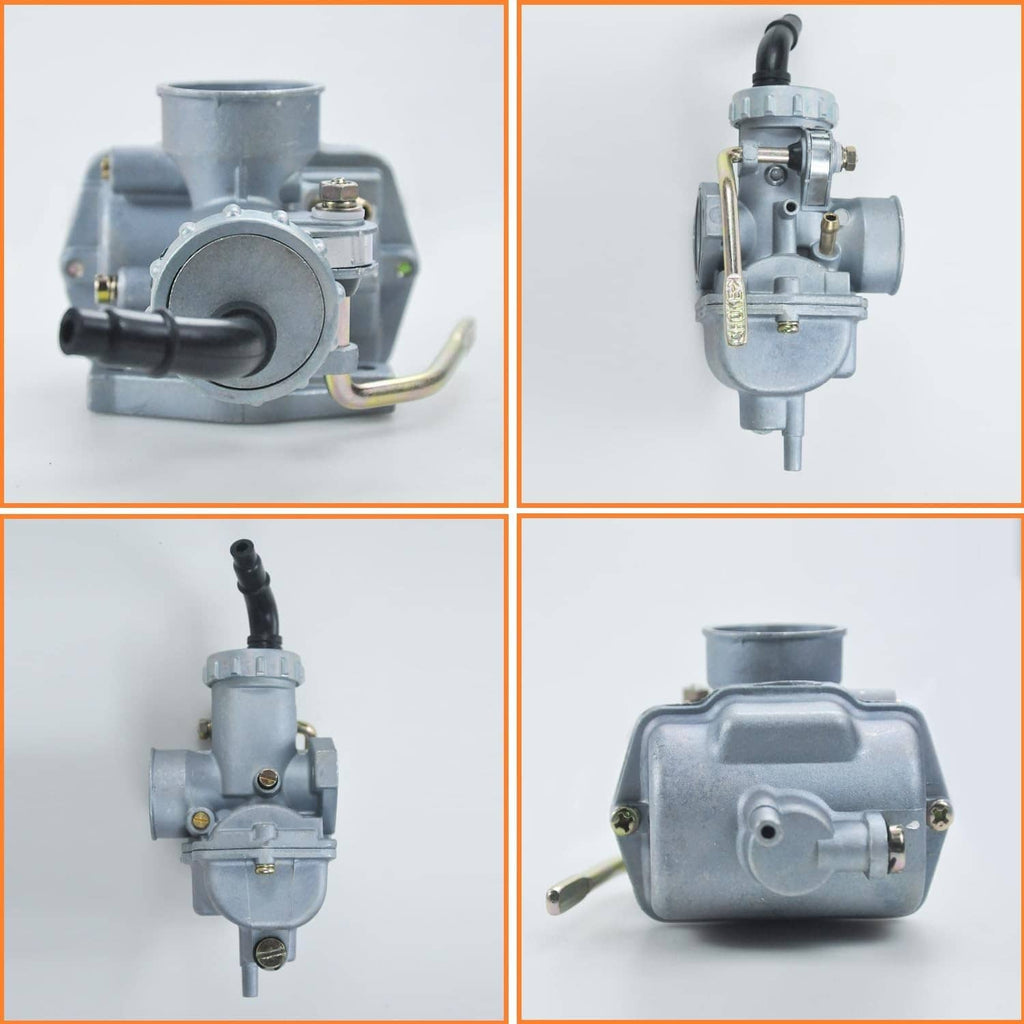 Multi-angle view of silver carburetor with black intake hose and metal linkage