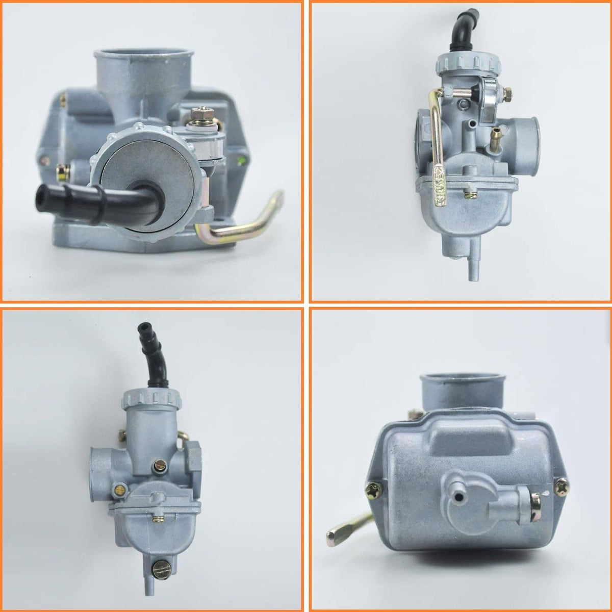 Multi-angle view of silver carburetor with black intake hose and metal linkage