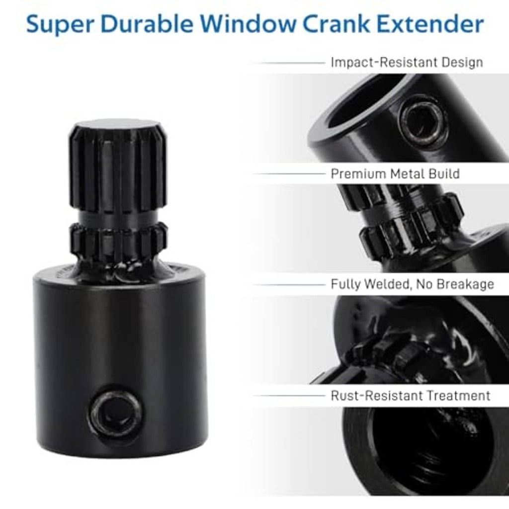Black window crank extender with threaded shaft opening and side mounting hole