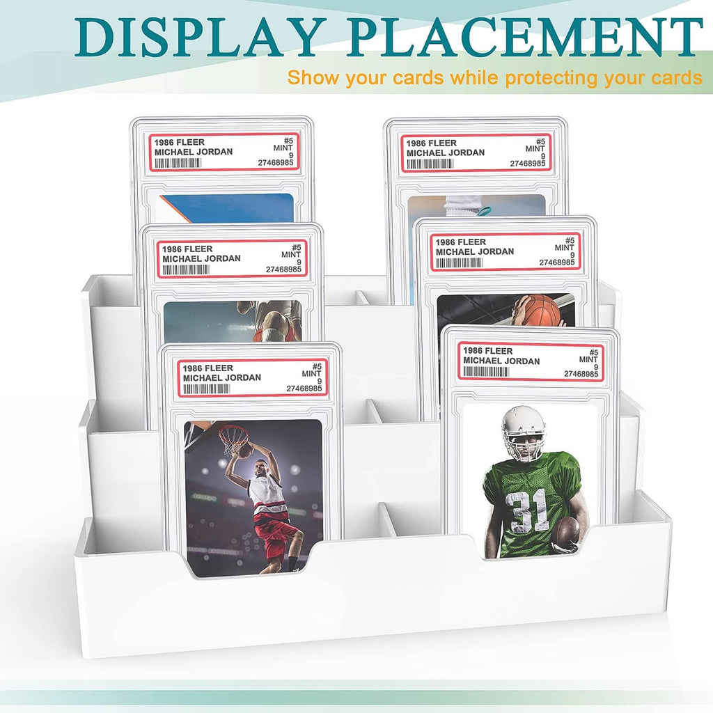 Multiple clear acrylic trading card protector cases displayed in a row for visibility.