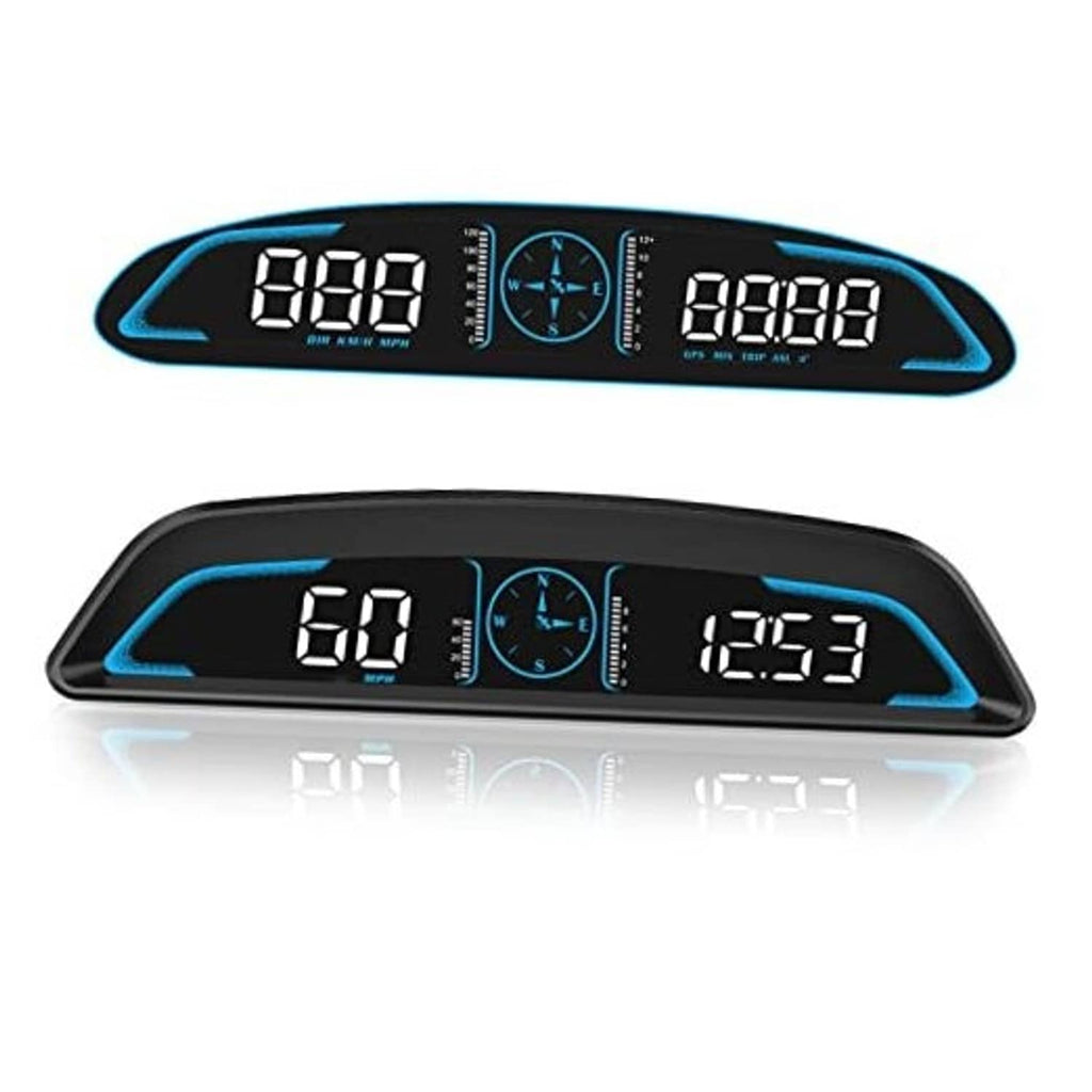 Digital GPS speedometer HUD display, black case with blue glow accents, front LCD readouts