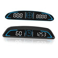 Digital GPS speedometer HUD display, black case with blue glow accents, front LCD readouts