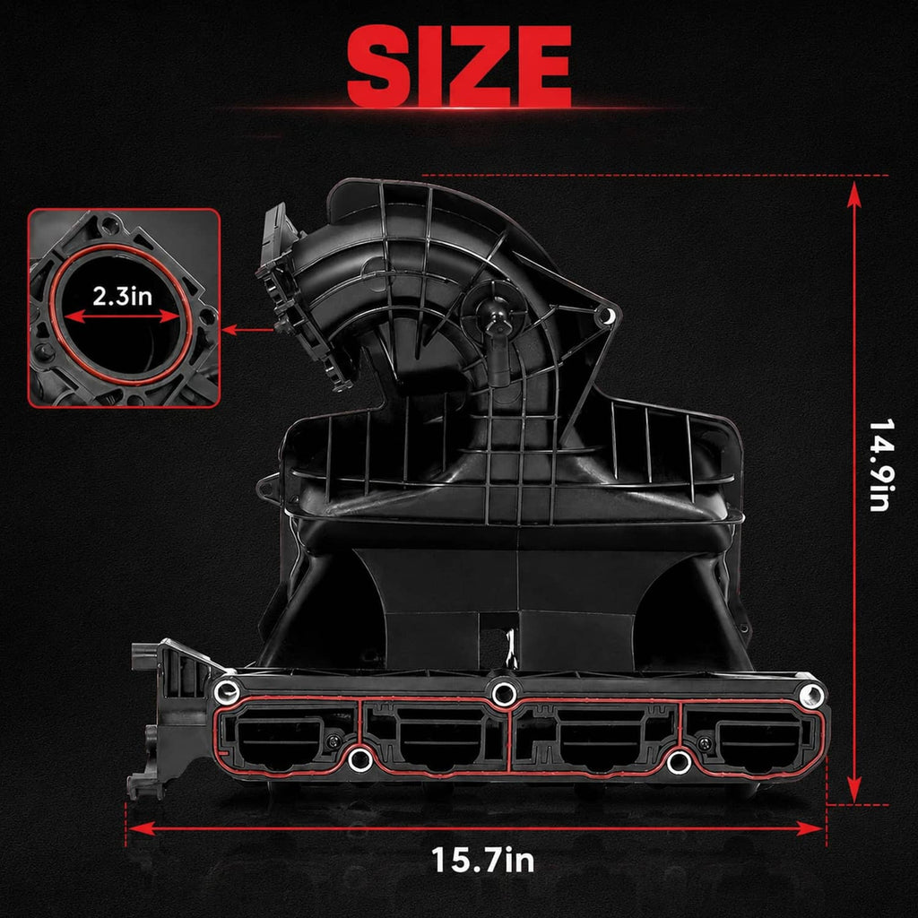 Intake manifold assembly with mounting flange, side view with size dimensions, black