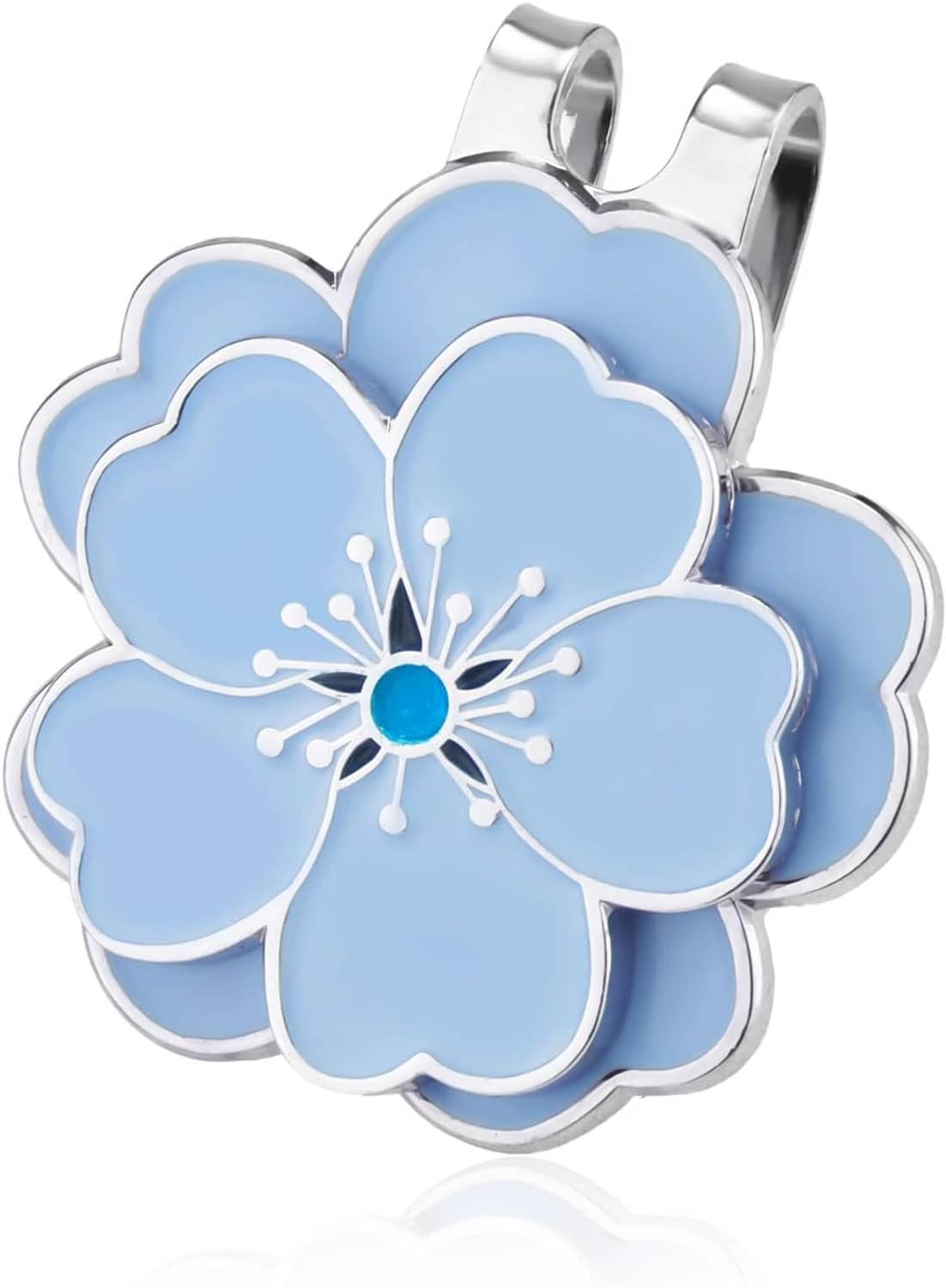 Blue flower-shaped magnetic golf ball marker with silver clip, centered close-up