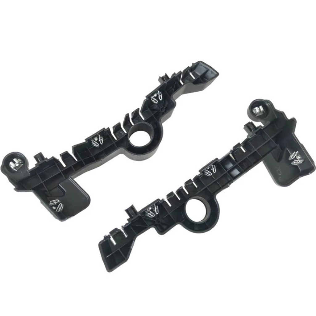 Front bumper guide bracket pair, black plastic with ribbed channels and bolt fasteners