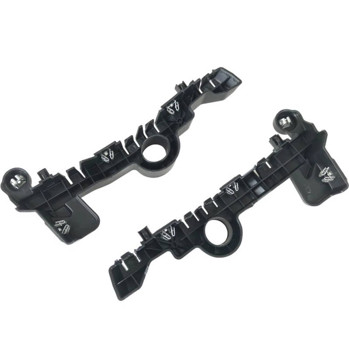Front bumper guide bracket pair, black plastic with ribbed channels and bolt fasteners