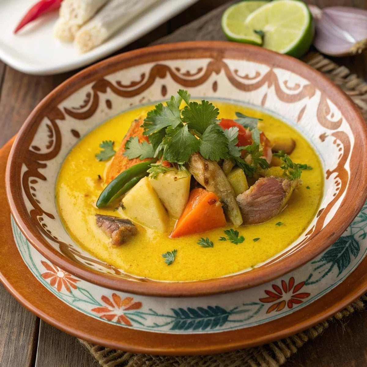 Bowl of yellow hot pepper sauce with vegetables, herbs, and meat pieces