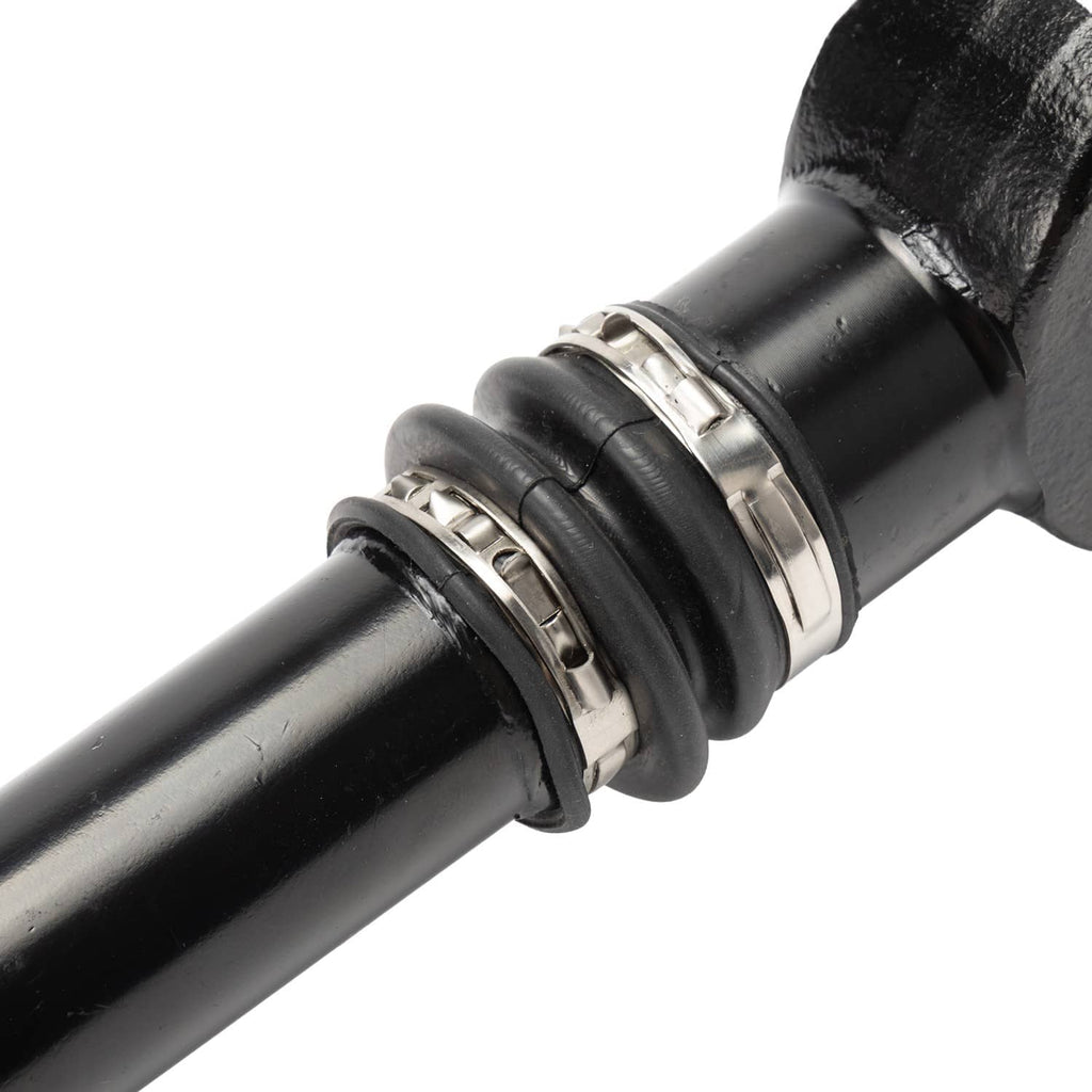 Drive shaft coupling with rubber boot and steel clamp rings on black tube