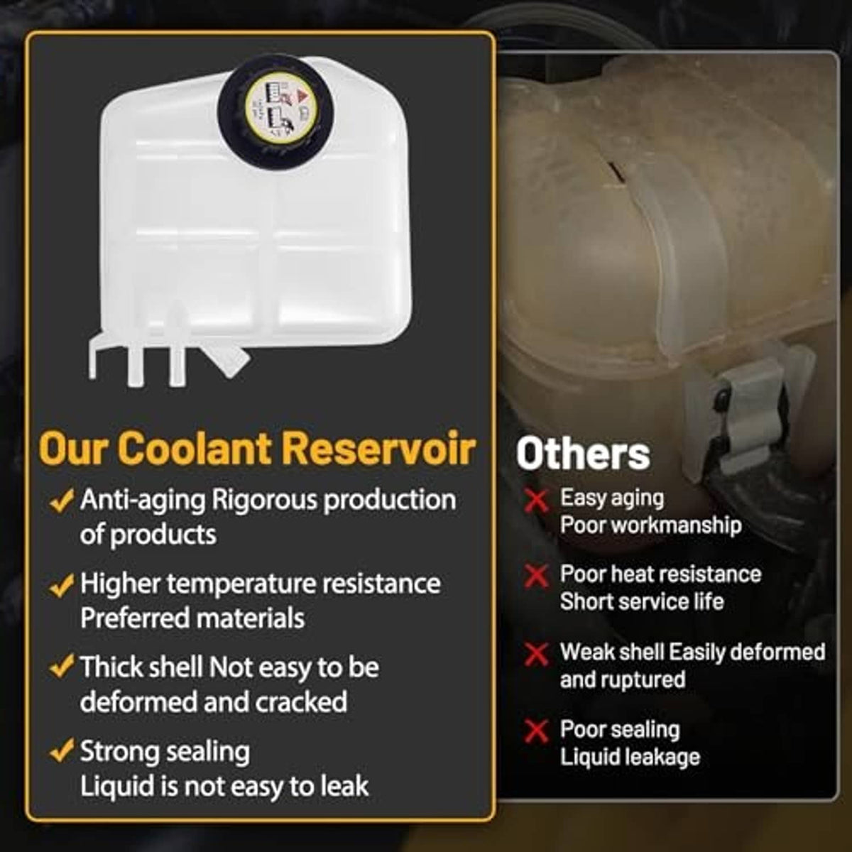 Coolant expansion reservoir overflow tank with black cap, white plastic tank for comparison