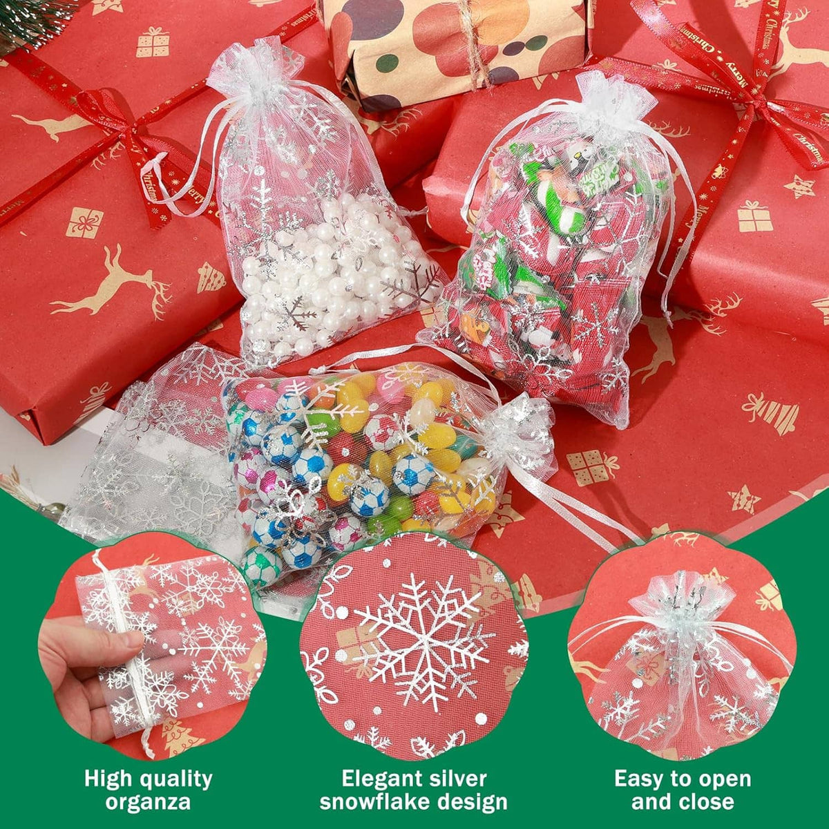 Transparent organza drawstring gift bags with snowflake-style prints, assorted contents