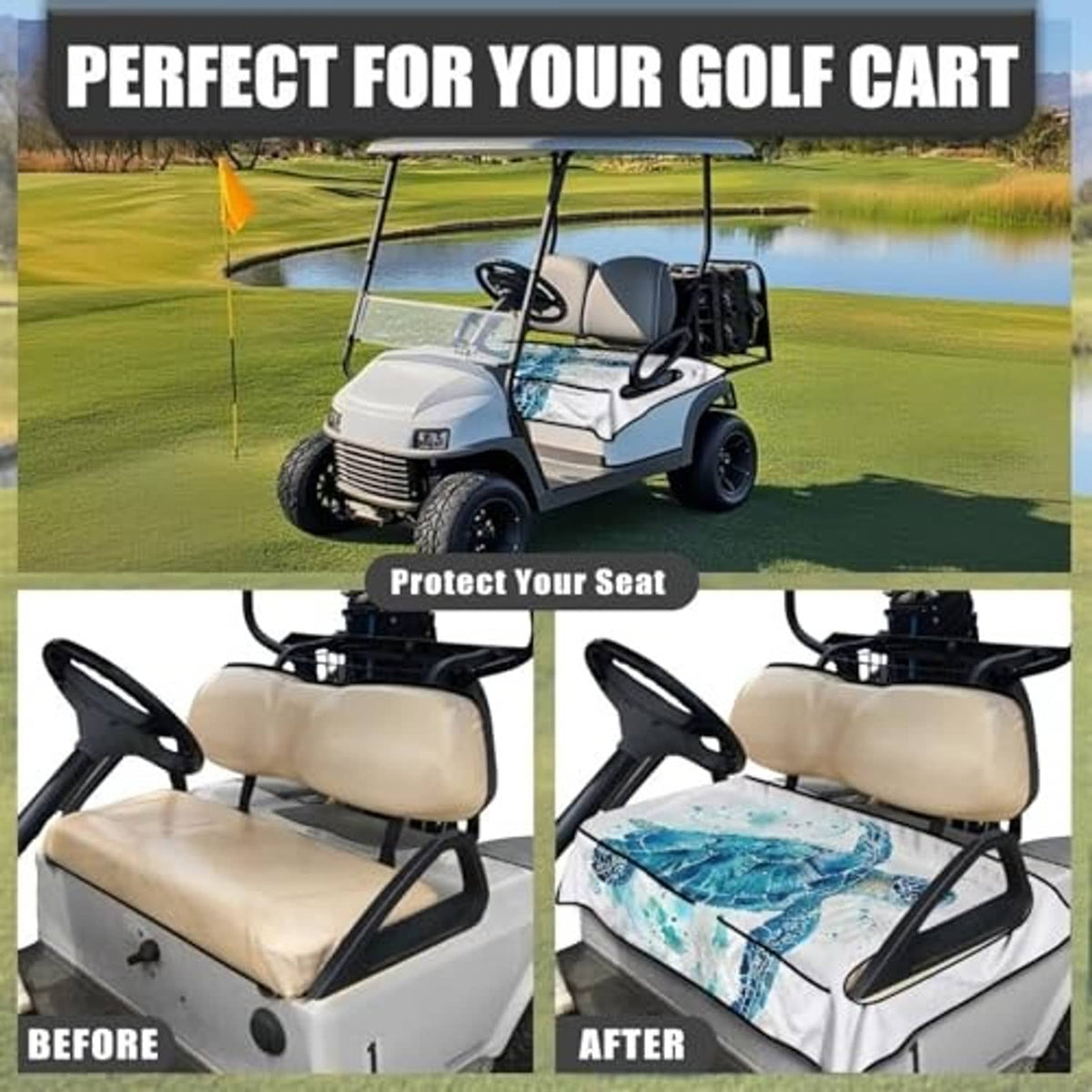 Golf cart seat cover towel blanket with blue sea turtle print, fitted on seat