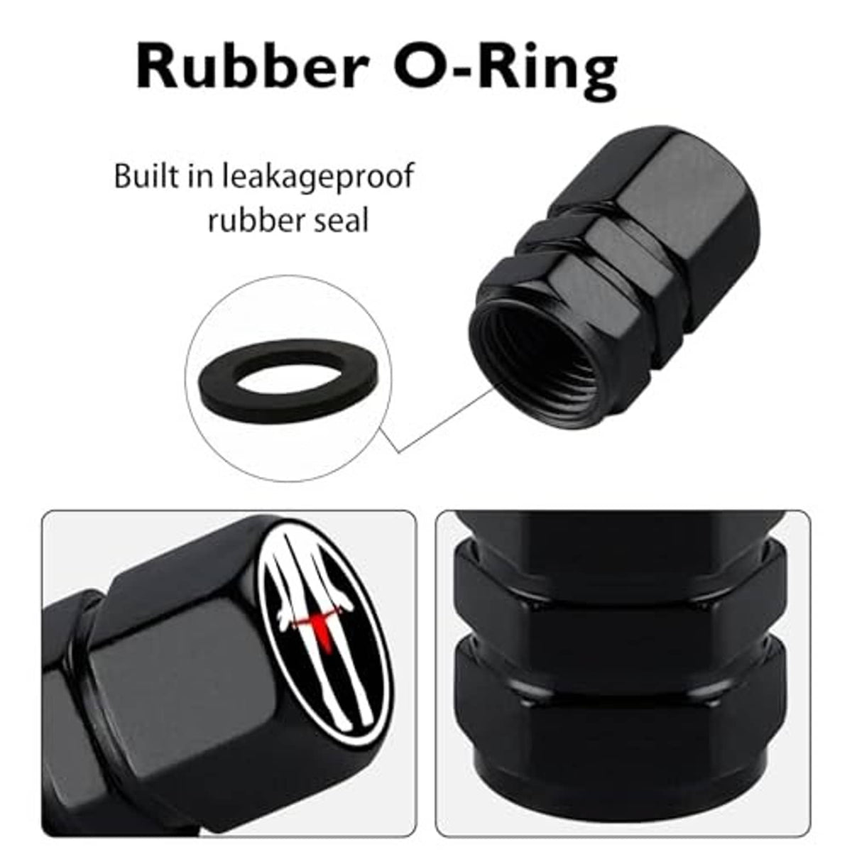 Black tire valve cap with rubber O-ring seal and red flame emblem on the round top.