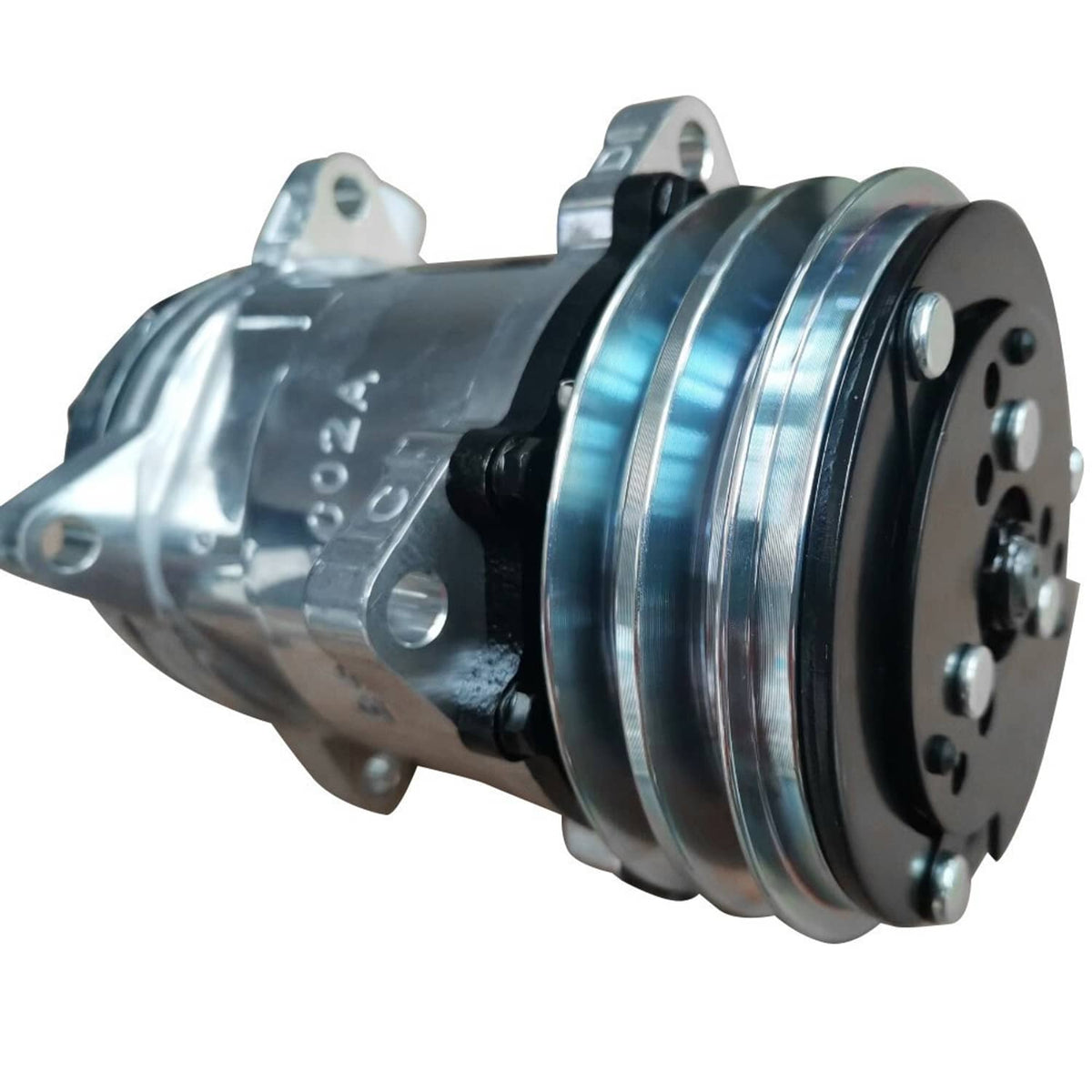 A/C compressor clutch pulley detail with ribbed belt grooves on chrome aluminum housing