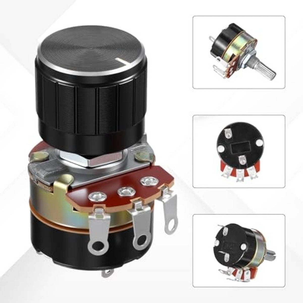 Black knurled dimmer potentiometer with metal base plate and side mounting prongs
