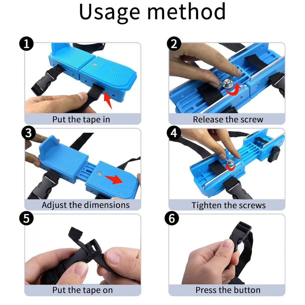 Ice skate adjustment hands tightening screws on blue base with black straps