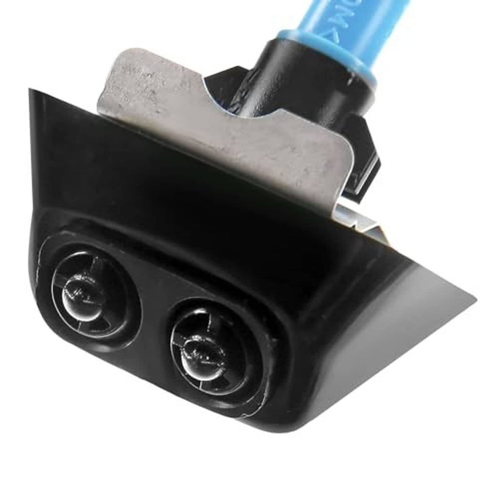 Close-up of black headlight washer nozzle jet with blue hose outlet