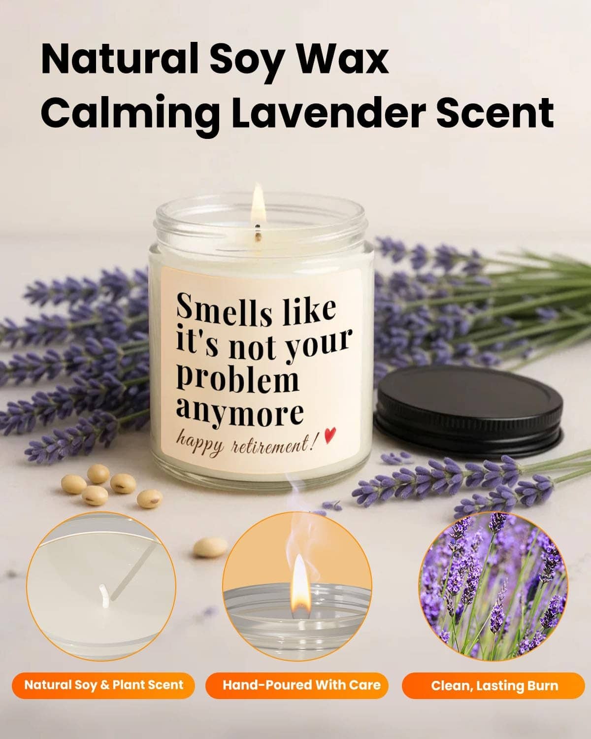 Clear glass soy wax candle with black lid and lit wick, surrounded by lavender sprigs.