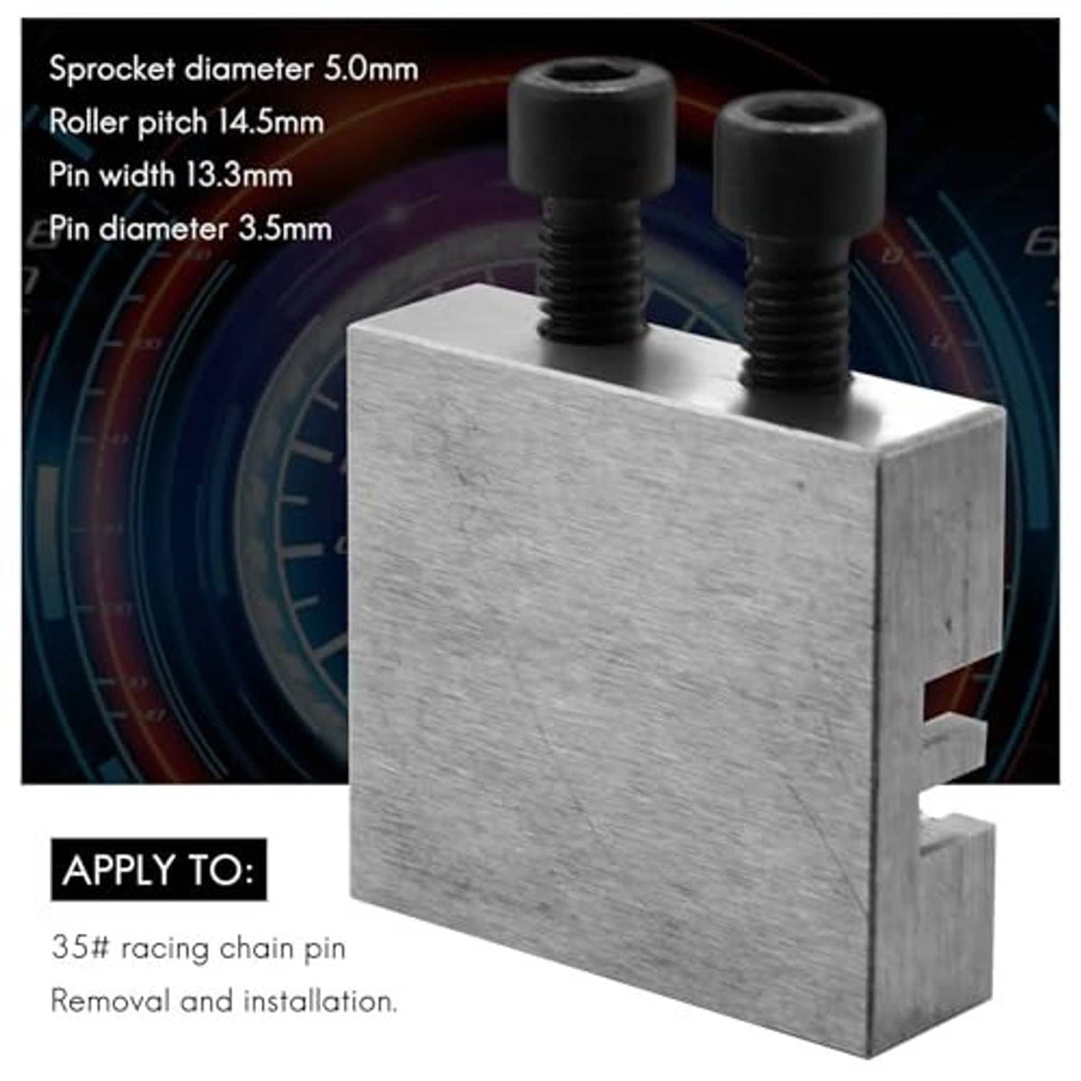 Steel chain breaker tool block with two threaded posts and side notch