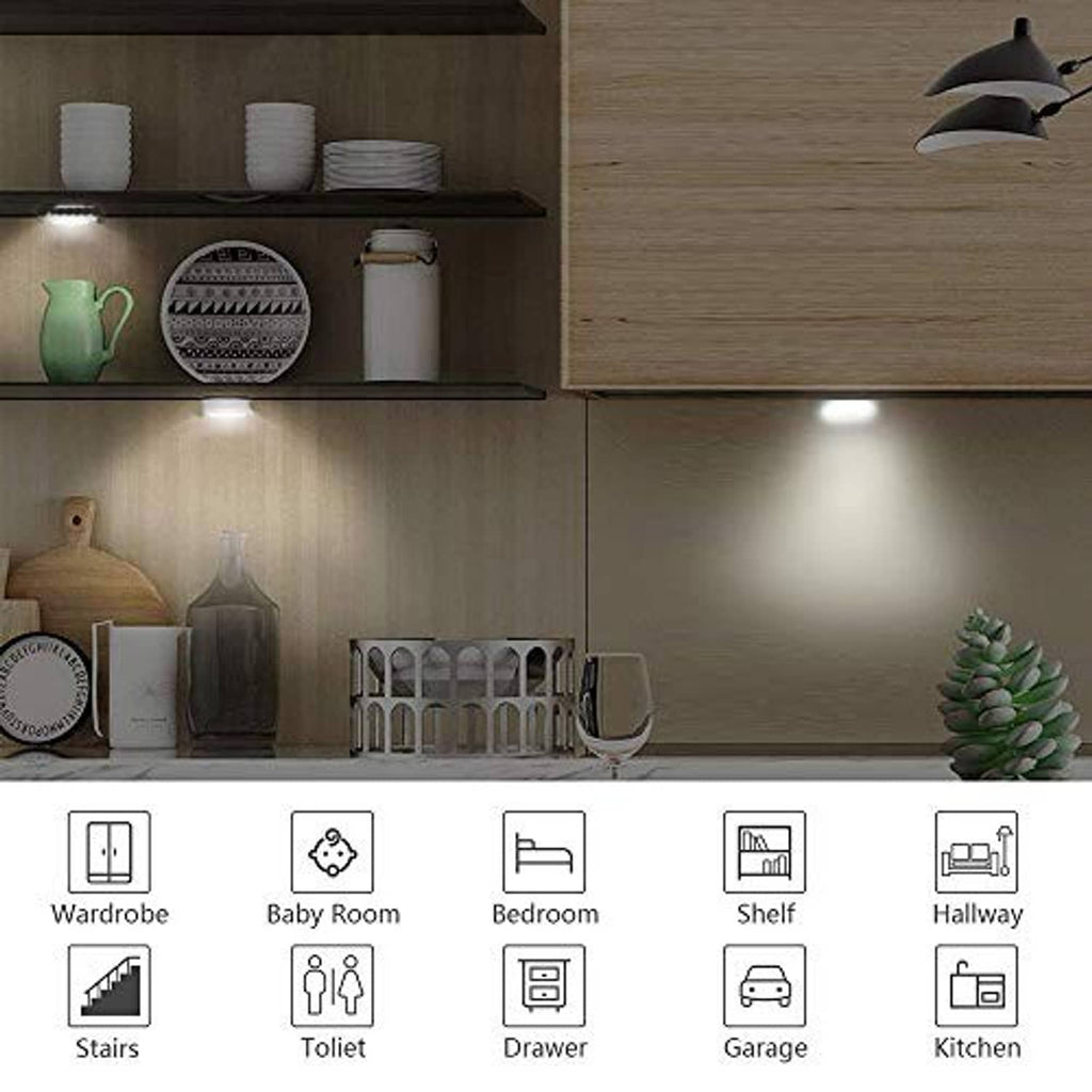 LED indoor light spots illuminating kitchen shelves and wall storage areas