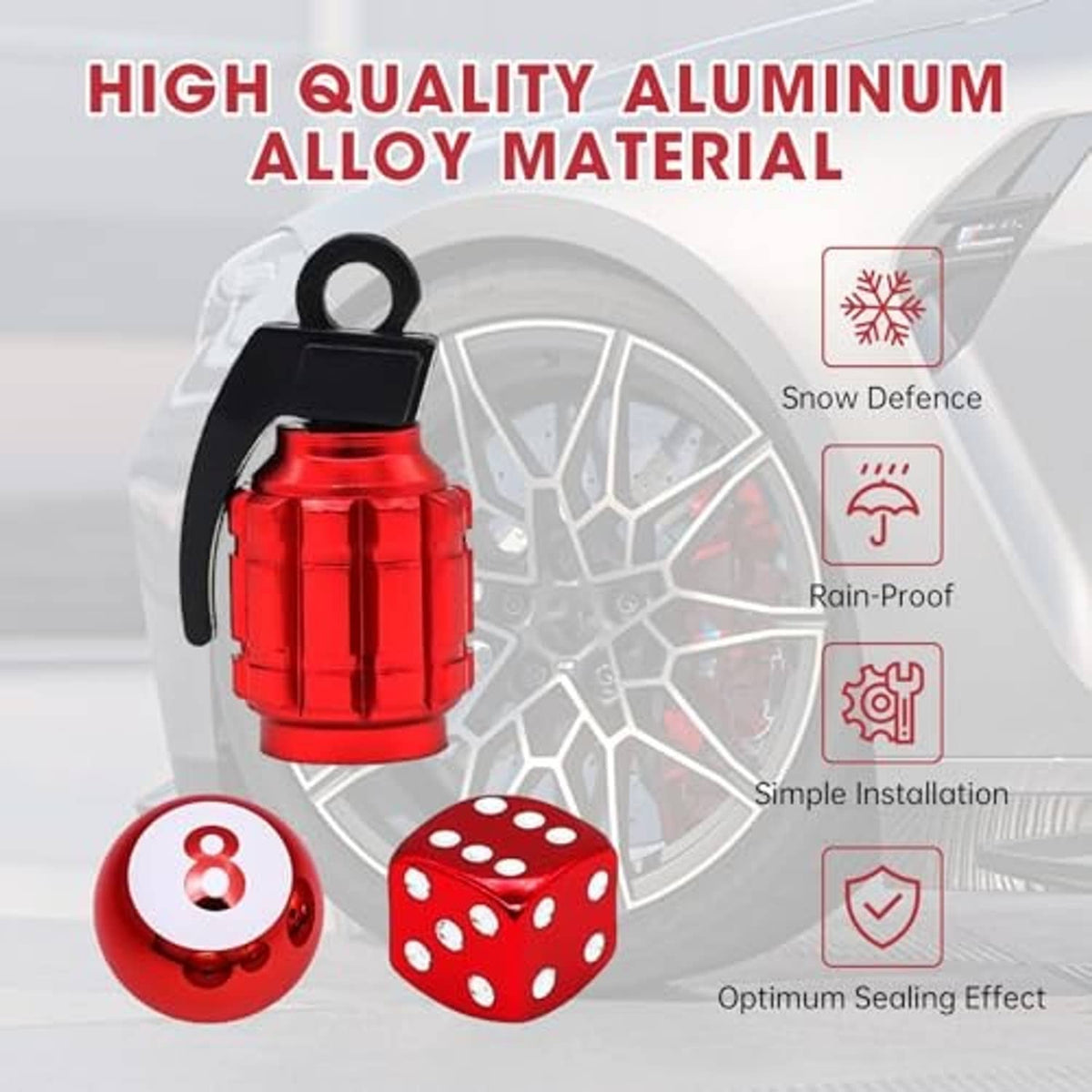 Red dice and red lantern-style valve caps with black ring caps on a wheel background.