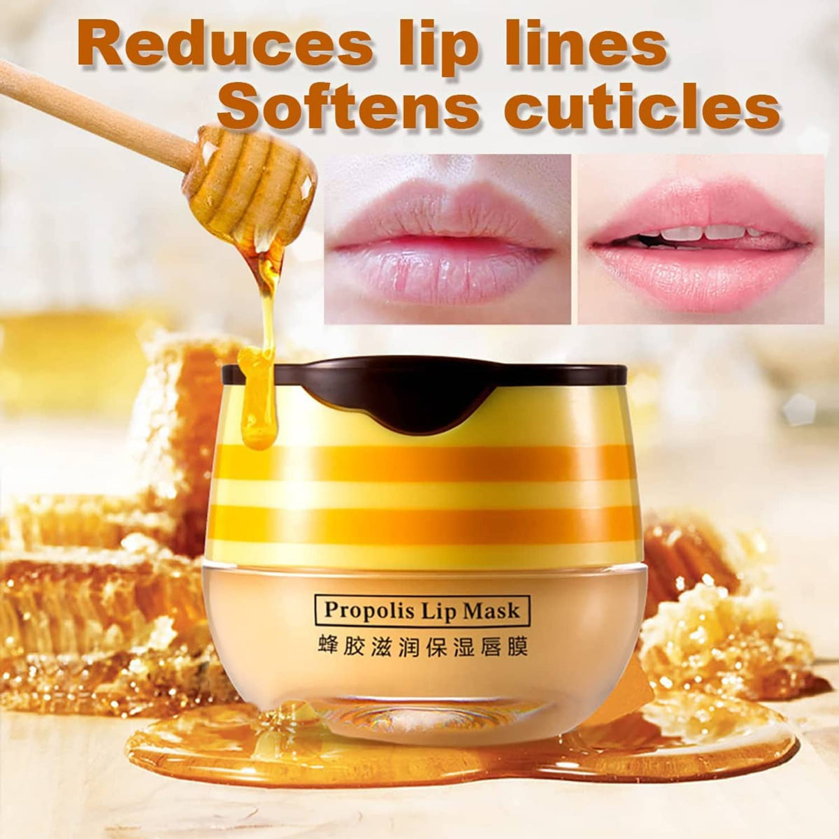 Propolis lip mask balm jar in yellow stripes with honey-gold balm drip