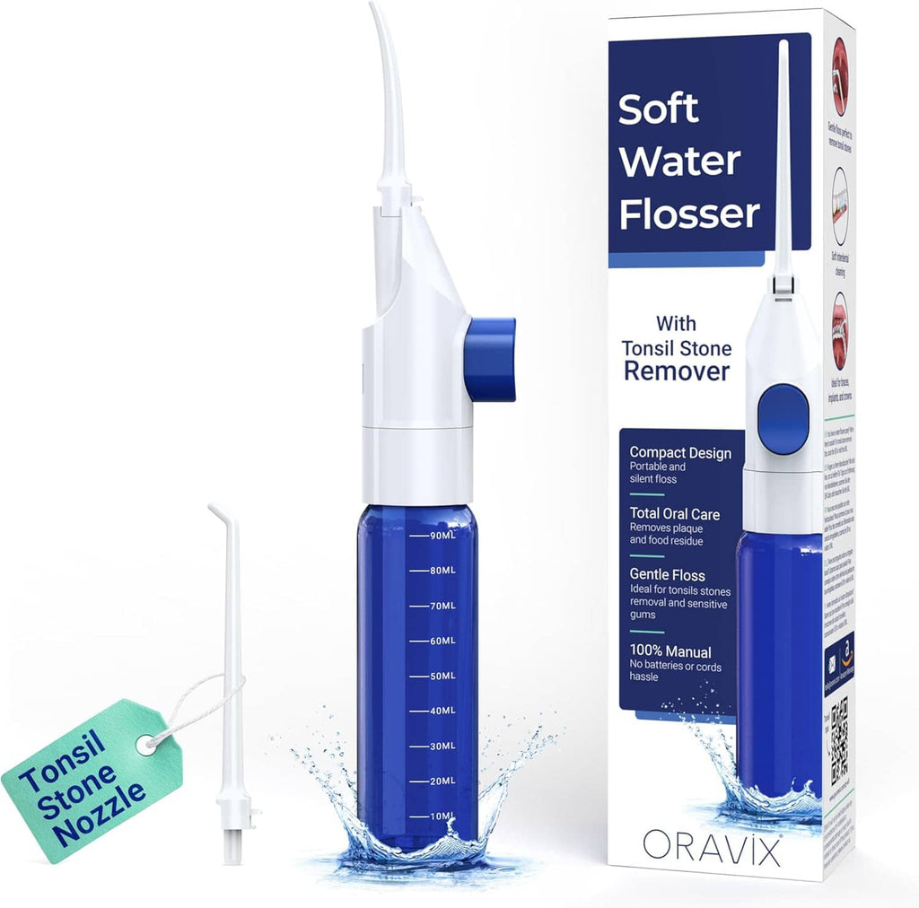 Handheld water flosser kit with blue reservoir, clear nozzle, and soft floss tip