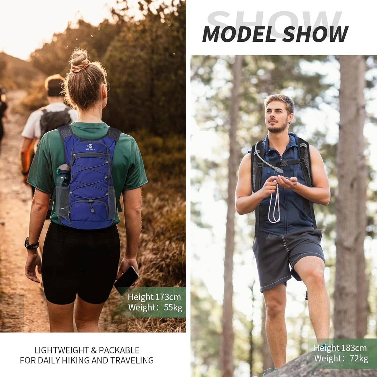 Blue lightweight packable hiking backpack worn on back with chest strap