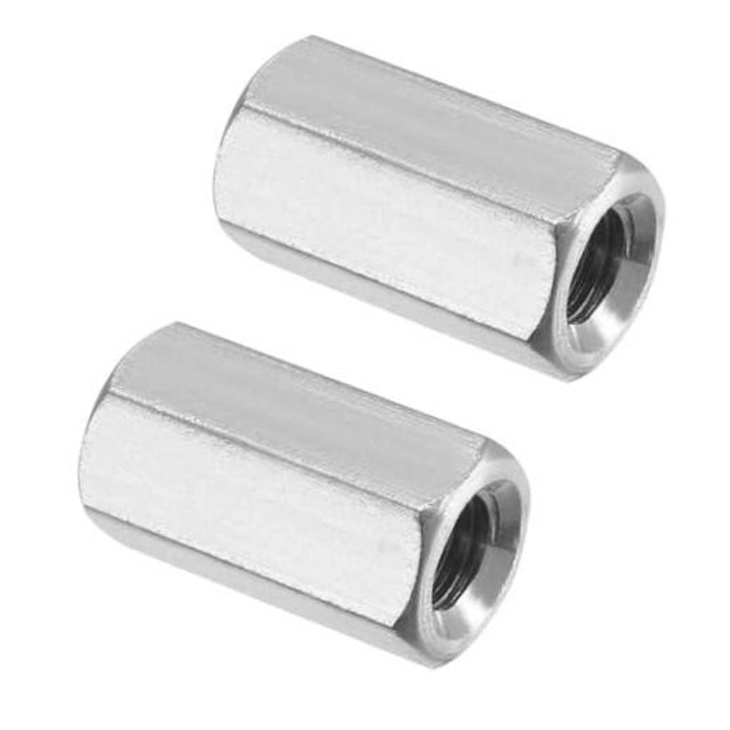 Stainless steel hex coupling nuts, M6 threaded, cylindrical body with inner hole set