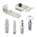 Bi-fold door hardware repair kit with metal brackets and white plastic rollers, pins