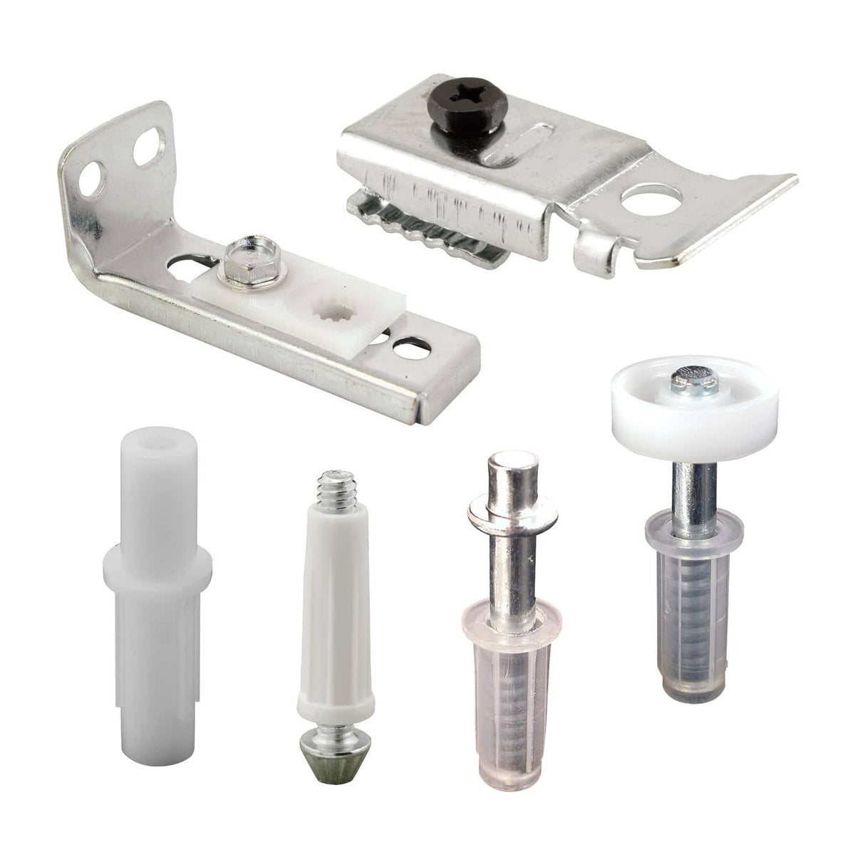 Bi-fold door hardware repair kit with metal brackets and white plastic rollers, pins