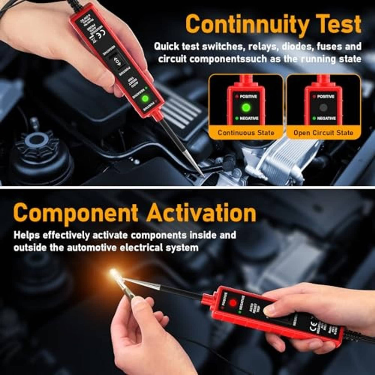 Red continuity test circuit tester with green indicator and probe tips on wires