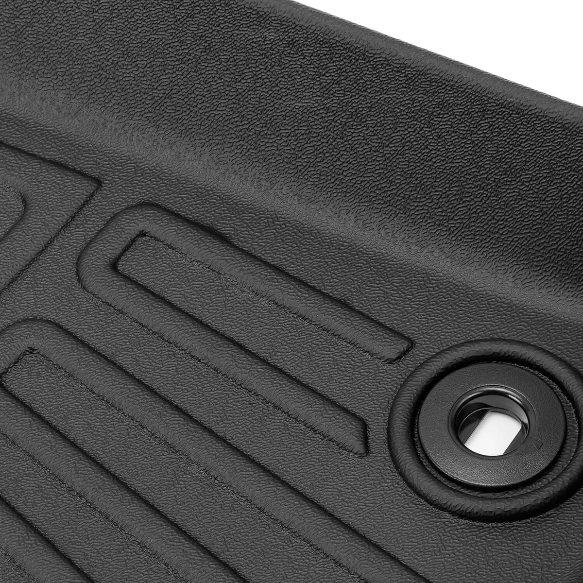 3-piece molded floor mat with raised channels and oval grommet for anchors