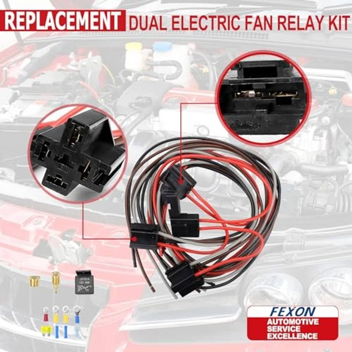 Dual electric fan relay kit with two black relay sockets and bundled wiring harness