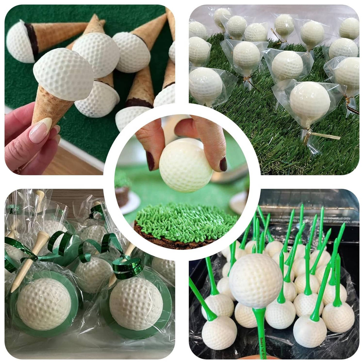 White textured golf balls from silicone molds on grass display and clear bags