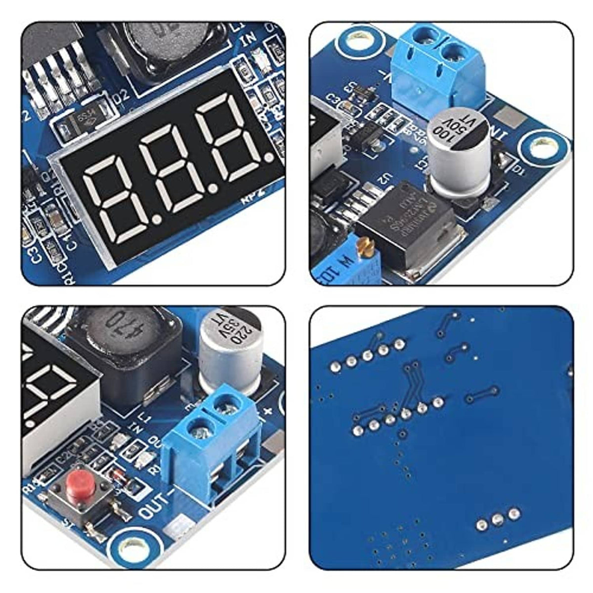 LM2596 step-down module close-up showing LED readout, capacitors, and blue terminal connector