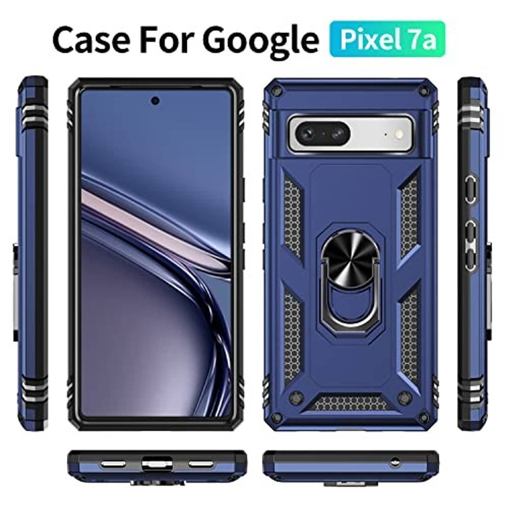 Blue rugged case with built-in ring kickstand, showing front and back