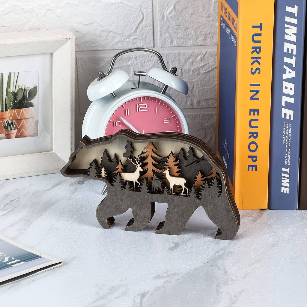 Wooden bear decor with forest cutout scene, rustic gray body with brown trim
