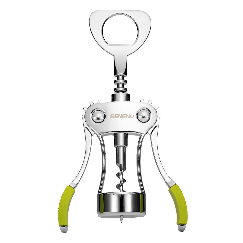 Beneno wing corkscrew wine opener with green grips and chrome body, front view