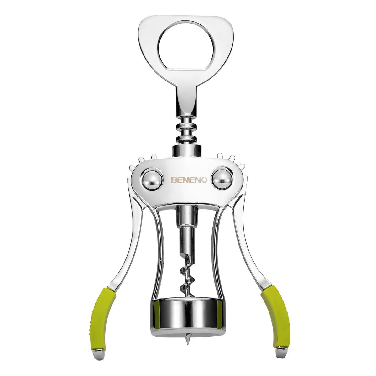 Beneno wing corkscrew wine opener with green grips and chrome body, front view