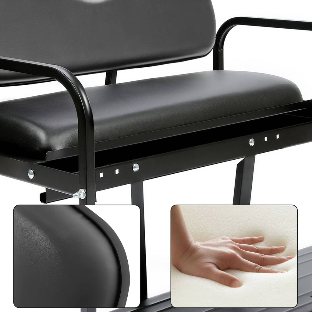 Rear back seat cushion and armrest close-up with smooth black synthetic leather texture