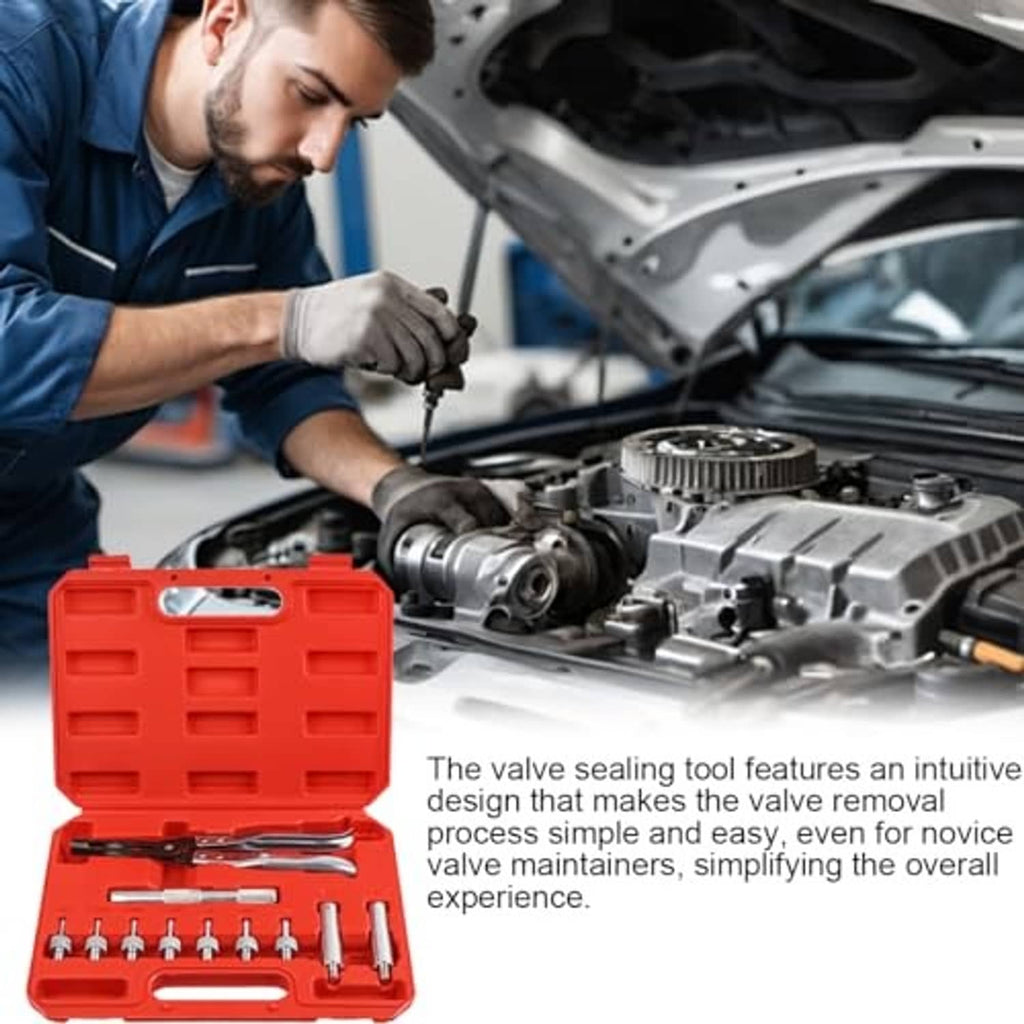 Red valve stem seal tool case with metal remover/installer tools and plier handle