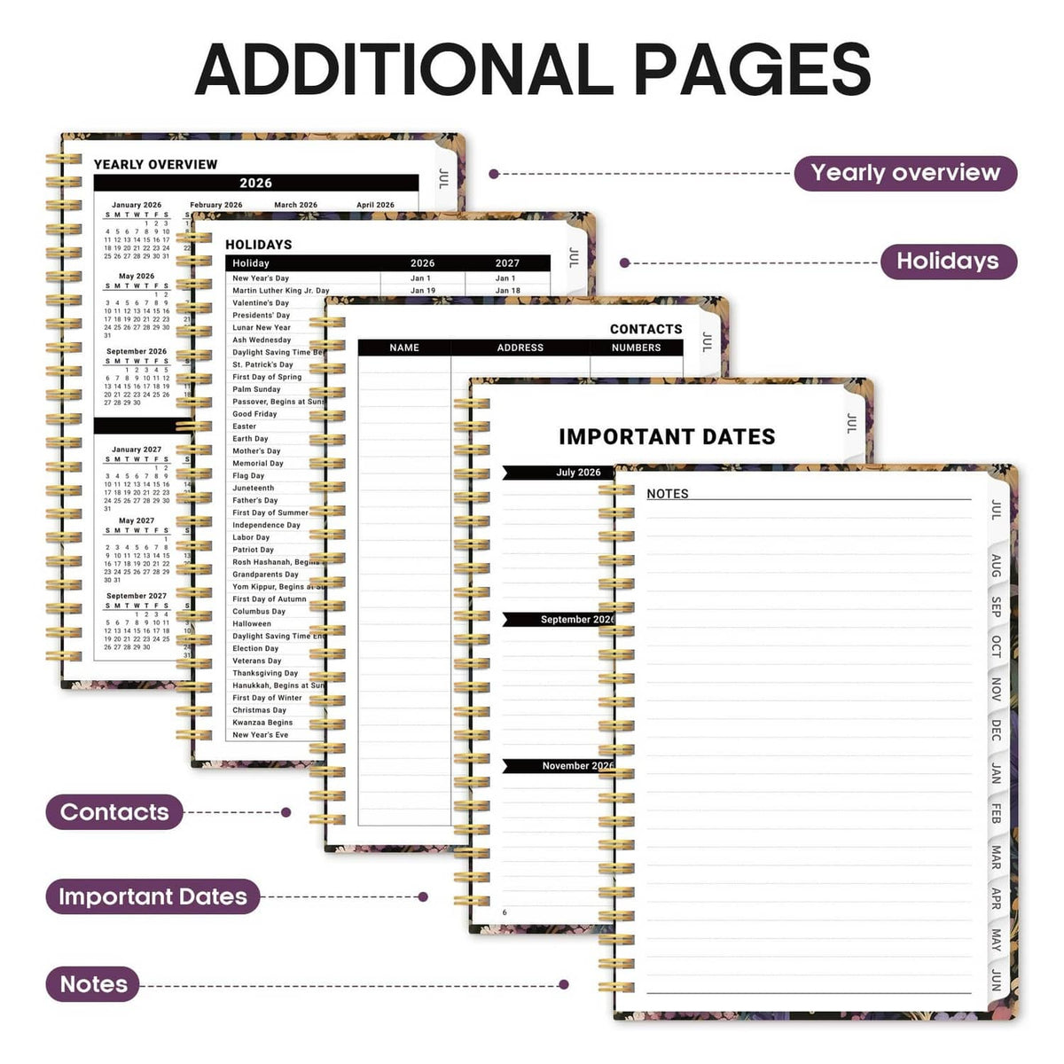 Additional planner pages with yearly overview, holidays, contacts, important dates, and notes